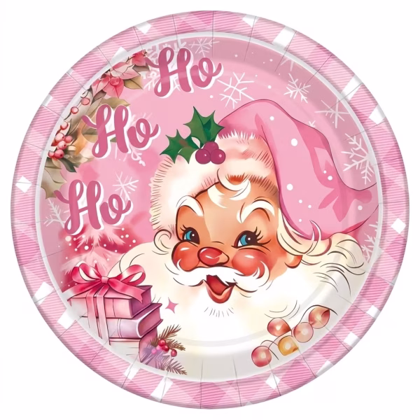Farfurie din carton de 18 cm cu design de Craciun roz pastelat, ilustrand fata lui Mos Craciun in stil retro cu caciula roz, alaturi de textul Ho Ho Ho si cadouri