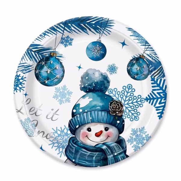 Farfurie din carton de 18 cm in nuante de alb si albastru acvatic, ilustrand un om de zapada simpatic, globuri albastre agatate pe crengi, fulgi de nea si mesajul Let it Snow