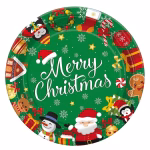 Farfurie din carton de 18 cm cu fundal verde, avand textul Merry Christmas in centru si o bordura vesela formata din personaje de iarna precum Mos Craciun, ren, pinguin, turta dulce si cadouri