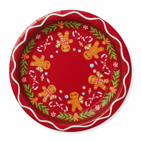 Farfurie din carton de 18 cm cu fundal rosu, decorata circular cu figurine zambitoare din turta dulce, acadele bastonas si o ghirlanda din frunze de ilice