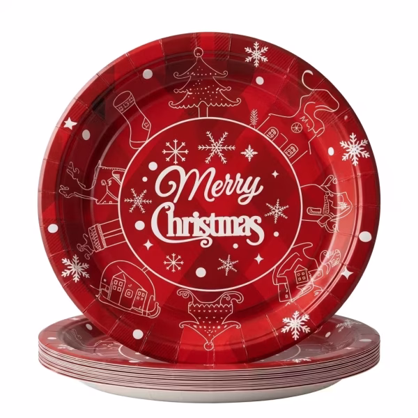 Farfurie din carton cu diametrul de 23 cm, avand un fundal rosu in carouri subtile si decorata cu grafica minimalista alba (line art) reprezentand elemente de iarna si textul Merry Christmas in centru