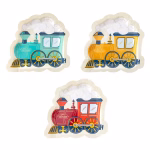 Set de 6 farfurii din carton decupate in forma de locomotiva de tren cu aburi in trei culori asortate menta galben si rosu cu inscriptia Happy Express