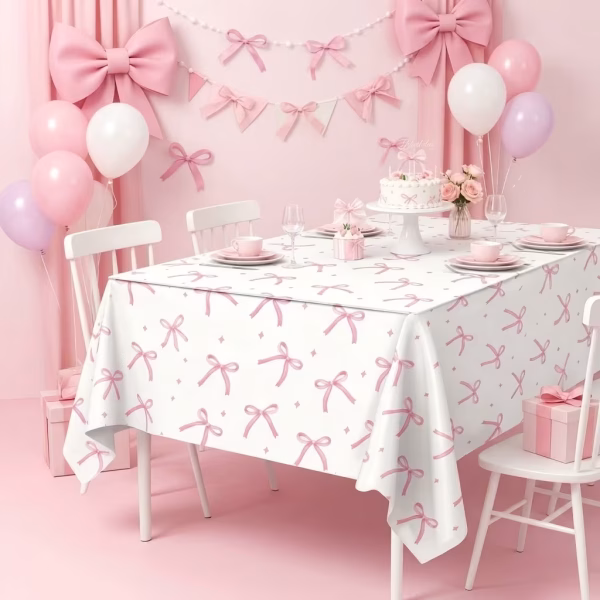 Fata de masa dreptunghiulara de culoare alba decorata cu un model repetitiv format din fundite roz elegante cu aspect de acuarela si mici stelute roz