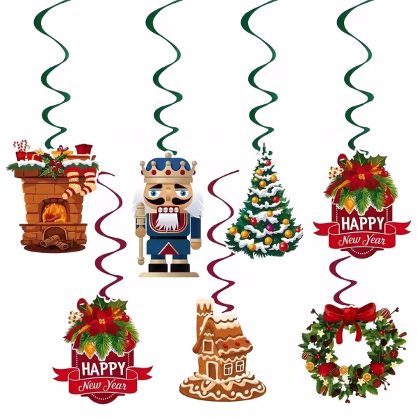 Set de 6 ghirlande tip spirala suspendata in culori lucioase de verde si rosu, prevazute la baza cu ornamente festive din carton ilustrand un semineu, Spargatorul de Nuci, un brad impodobit, o casuta de turta dulce, o coronita de iarna si aranjamente cu mesajul Happy New Year