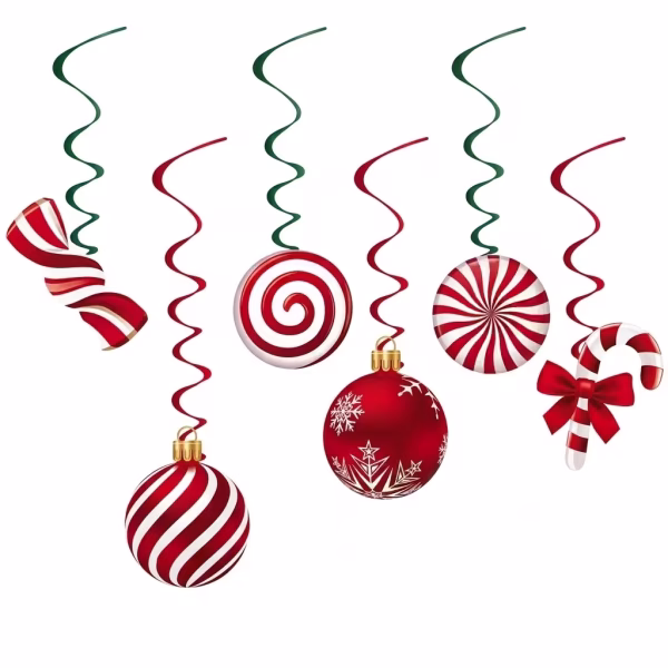 Set de 6 ghirlande tip spirala suspendata in culori lucioase de verde si rosu, prevazute la baza cu ornamente festive din carton ilustrand dulciuri in dungi alb-rosii, bomboane rotunde, un bastonas cu funda si globuri de Craciun cu fulgi de nea