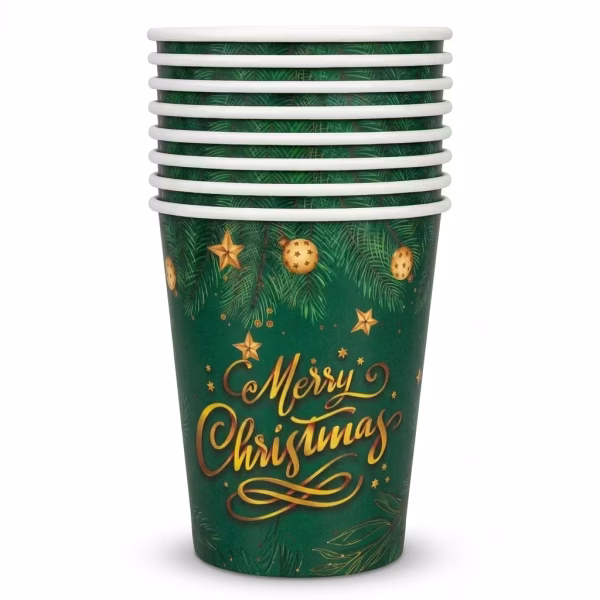 Pahar din carton de 250 ml cu fundal verde inchis, decorat cu ramuri de brad, globuri aurii, stelute stralucitoare si textul caligrafic Merry Christmas auriu