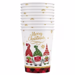Pahar din carton de 250 ml ilustrand trei gnomi simpatici tinand cadouri sub textul Merry Christmas auriu, avand la baza o margine in carouri rosii si negre