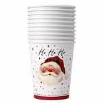 Pahar din carton de 250 ml cu fundal alb, decorat cu chipul zambitor al lui Mos Craciun in stil vintage, textul negru Ho Ho Ho si mici brazi rosii si stelute