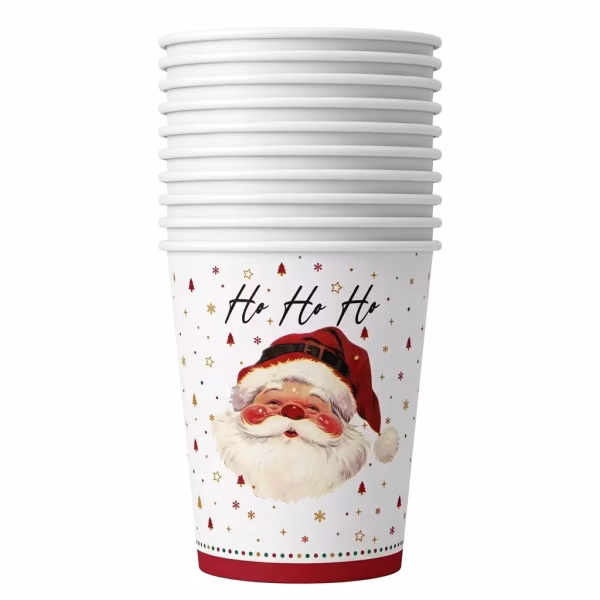 Pahar din carton de 250 ml cu fundal alb, decorat cu chipul zambitor al lui Mos Craciun in stil vintage, textul negru Ho Ho Ho si mici brazi rosii si stelute