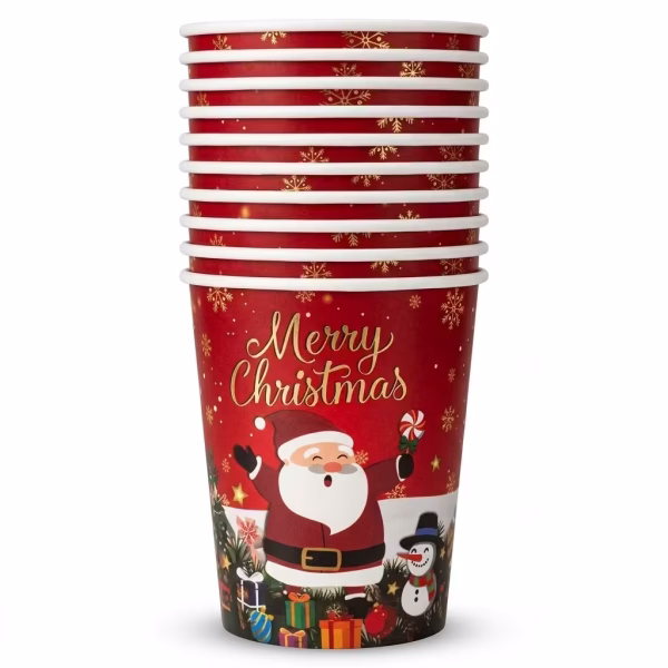 Pahar din carton de 250 ml cu fundal rosu si text auriu Merry Christmas, ilustrandu-l pe Mos Craciun zambitor alaturi de un om de zapada, cadouri si un brad impodobit
