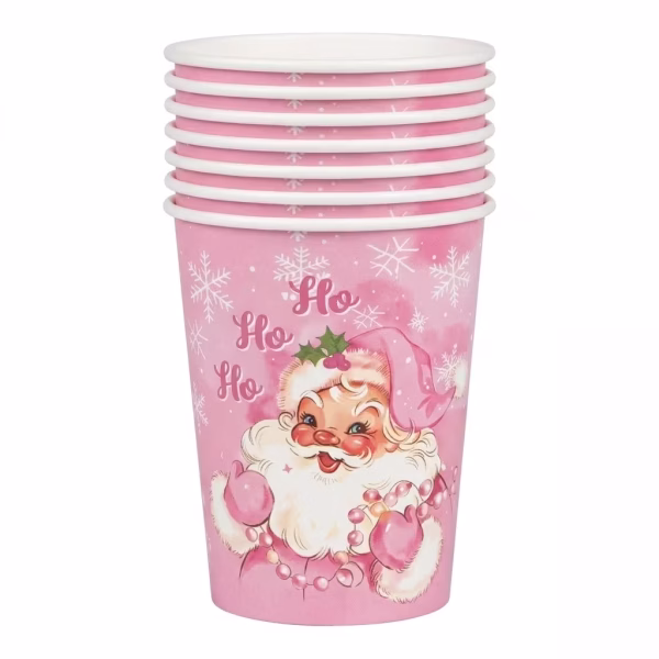 Pahar din carton de 250 ml cu fundal roz pastelat, decorat cu fulgi de zapada, textul Ho Ho Ho si o ilustratie in stil retro a lui Mos Craciun purtand o caciula roz