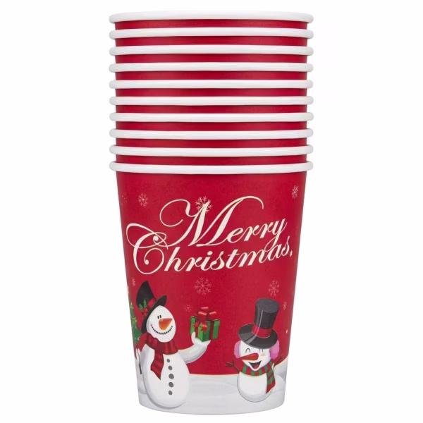 Pahar din carton de 250 ml cu fundal rosu festiv, decorat cu textul Merry Christmas elegant si doi oameni de zapada veseli impartind cadouri