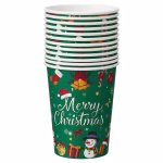 Pahar din carton de 250 ml cu fundal verde, avand textul Merry Christmas in centru si decorat cu elemente de iarna precum clopotei, ciorap de cadouri, acadele si un om de zapada simpatic