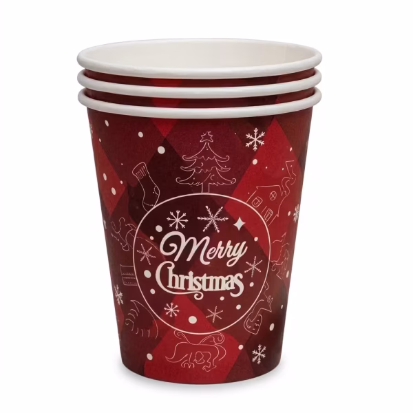 Pahar din carton de 250 ml cu fundal rosu in carouri subtile, decorat cu grafica minimalista alba reprezentand elemente de iarna si textul Merry Christmas in centru