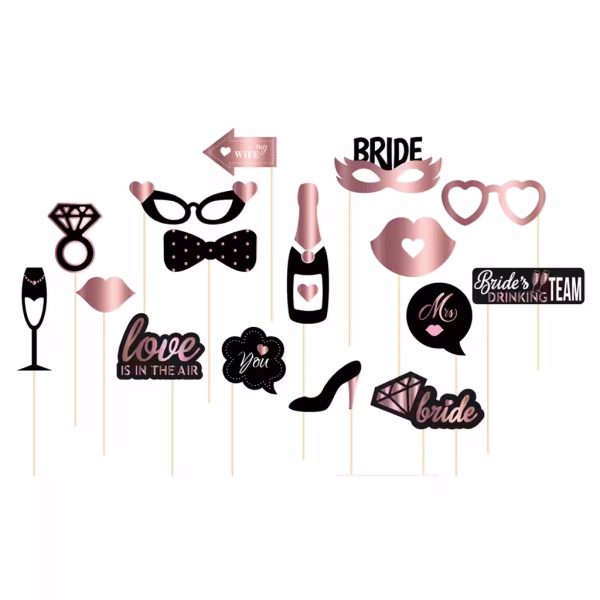 Set de 16 elemente de recuzita foto din carton cu tematica hen party, in nuante de rose gold si negru, incluzand inel de logodna, sticla de sampanie, pahar, pantof cu toc, buze si mesaje precum Bride si Bride's Drinking Team