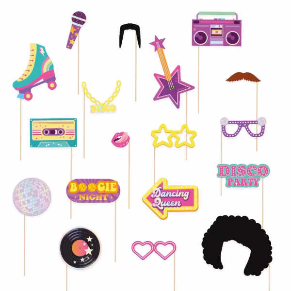 Set de 18 propsuri pentru cabina foto cu tematica disco party si k-pop incluzand chitara in forma de stea casetofon caseta audio peruca afro ochelari si mesaje tematice