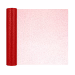Rola de tul rosu semitransparent, desfasurata partial pentru a evidentia textura materialului premium acoperit uniform cu particule fine de sclipici stralucitor