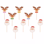 Set de 10 toppere din carton pentru tort și brioșe, format din 5 decupaje cu chipul lui Moș Crăciun și 5 decupaje cu fețe de reni simpatici purtând fulare colorate de iarnă