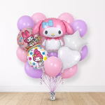 Aranjament format din 15 baloane incluzand o figurina centrala My Melody din folie acompaniata de doua baloane rotunde tematice o stea si o inima din folie albe si baloane din latex in nuante de roz si mov pal