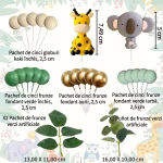 Tort decorat cu tematica safari incluzand o figurina urs koala gri pe nivelul superior o girafa galbena la baza frunze verzi si o cascada de sfere in nuante de auriu bej si verde
