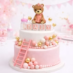 Tort etajat in nuante de alb si roz decorat cu un ursulet 3D asezat deasupra unor cuburi cu mesajul BABY, acompaniat de un biberon, o scara roz si un aranjament bogat de sfere decorative aurii, albe si roz