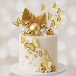 Tort alb si fin decorat elegant cu un aranjament spectaculos de sfere aurii lucioase, transparente si tip disco, acompaniate de frunze evantai aurii si fluturi delicati cu degradeuri galbene pe tije