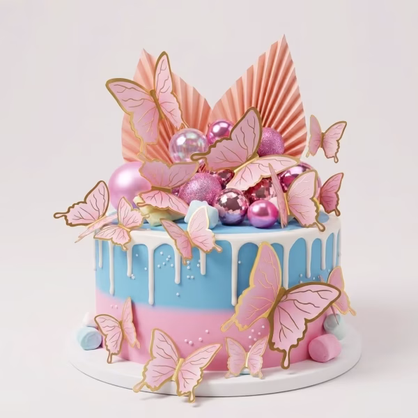 Tort in nuante pastelate de roz si bleu cu o glazura alba scursa elegant, decorat in varf cu un aranjament din sfere roz in diverse texturi, frunze evantai roz pal si fluturi delicati cu margini aurii pe tije