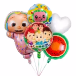 Set de cinci baloane din folie formand un buchet cu tematica Cocomelon centrat in jurul bebelusului JJ imbracat in pijamale roz flancat de doua baloane rotunde Cocomelon un balon rotund reprezentand o sectiune de pepene si o inima alba
