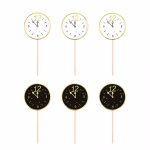 Set de 6 toppere rotunde din carton pentru tort de Revelion, ilustrând fețe de ceas care indică apropierea miezului nopții, dintre care trei au fundal alb cu contur auriu și trei au fundal negru cu detalii aurii