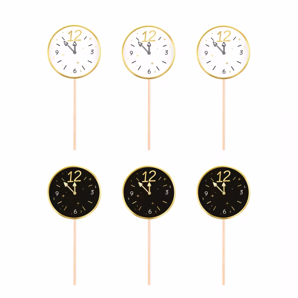 Set de 6 toppere rotunde din carton pentru tort de Revelion, ilustrând fețe de ceas care indică apropierea miezului nopții, dintre care trei au fundal alb cu contur auriu și trei au fundal negru cu detalii aurii