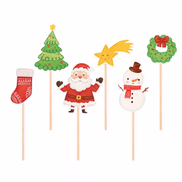 Set de 6 toppere din carton pentru tort, ilustrând figurine clasice de Crăciun: o șosetă roșie decorată, un brad împodobit cu o stea în vârf, Moș Crăciun zâmbitor, o stea căzătoare zâmbitoare, un om de zăpadă cu fular roșu și o coroniță verde cu fundă roșie