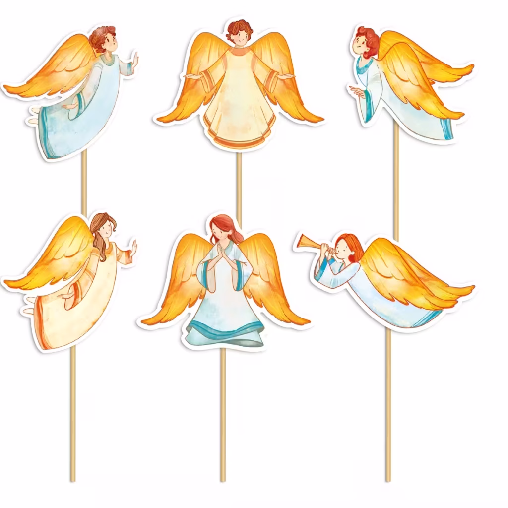 Set de 6 toppere din carton pentru tort, ilustrând îngerași delicați cu aripi aurii în diverse ipostaze: zburând, rugându-se sau cântând la trâmbiță, îmbrăcați în robe diafane