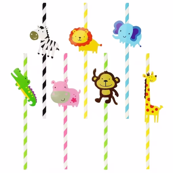 Set de 7 paie cu dungi colorate, decorate in partea superioara cu ornamente din carton reprezentand animale simpatice din jungla precum zebra, leu, elefant, crocodil, hipopotam, maimuta si girafa