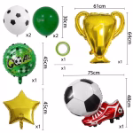 Un buchet tematic din 8 baloane pentru petreceri, incluzând baloane din folie sub formă de minge pe cupă aurie, minge cu gheată sport roșie, stea aurie, un balon rotund verde cu textul GOAL și baloane din latex asortate
