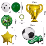 Un buchet tematic din 8 baloane pentru petreceri, incluzând baloane din folie sub formă de minge pe cupă aurie, minge cu gheată sport verde, stea aurie, un balon rotund verde cu textul GOAL și baloane din latex asortate