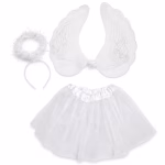 Costum pentru fete format din 3 piese de culoare alba incluzand o pereche de aripi cu detalii stralucitoare o fusta din tulle si o coronita decorata cu puf fin
