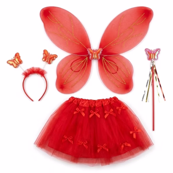 Costum pentru fete format din 4 piese de culoare rosu aprins incluzand o pereche de aripi de fluture cu detalii aurii o fusta din tulle decorata cu fundite rosii o coronita tematica si o bagheta asortata cu panglici