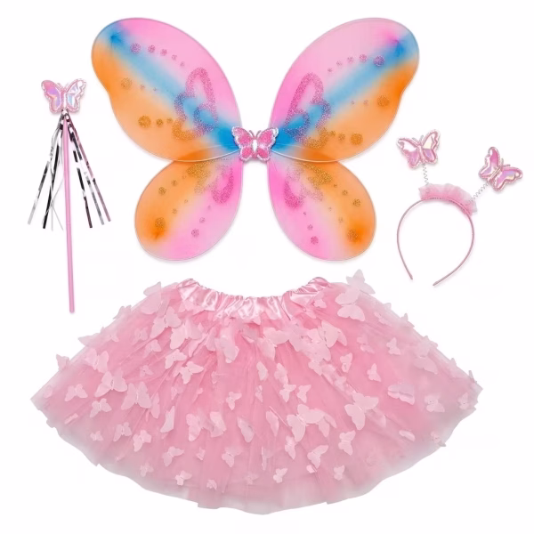 Costum pentru fete format din 4 piese incluzand o pereche de aripi multicolore in nuante de roz portocaliu si albastru o fusta roz din tulle decorata cu aplicatii in forma de fluturi o coronita asortata si o bagheta fermecata roz