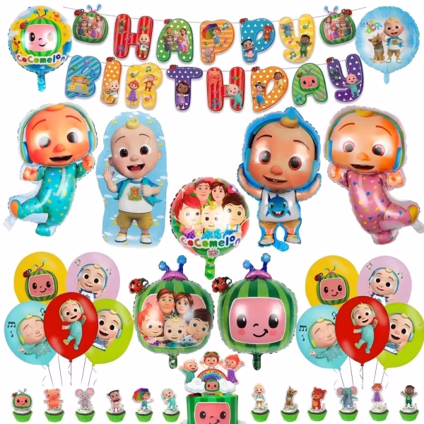 Set complet de baloane Cocomelon și accesorii petrecere copii, incluzând banner Happy Birthday, baloane din folie cu personajul JJ, baloane latex colorate și decorațiuni pentru tort.