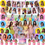 Set complet de petrecere tematică Katseye, conținând un banner textil mare cu membrele trupei, ghirlandă Happy Birthday, toppere pentru tort și brioșe, precum și baloane colorate din latex cu imprimeuri specifice trupei K-pop