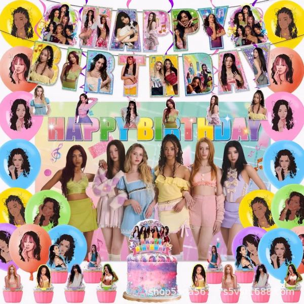 Set complet de petrecere tematică Katseye, conținând un banner textil mare cu membrele trupei, ghirlandă Happy Birthday, toppere pentru tort și brioșe, precum și baloane colorate din latex cu imprimeuri specifice trupei K-pop