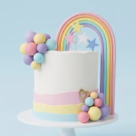 Tort alb cu straturi pastelate la baza decorat cu un curcubeu gigantic in nuante pastel, acompaniat de stele din spuma decupate si grupuri de sfere mate multicolore