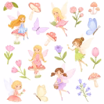 Set de 20 tatuaje temporare lavabile ilustrand elemente dintr-o padure magica cu zane delicate in rochii pastelate zburand cu baghete magice citind carti sau odihnindu-se pe ciupercute rosii inconjurate de fluturi si flori colorate