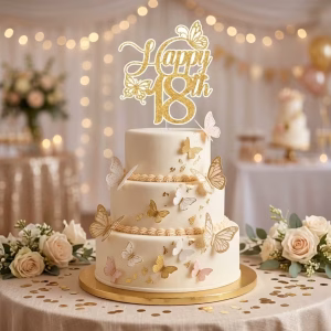 Tort Etajat Alb Decorat Cu Fluturi Aurii Si Albi, Avand In Varf Un Topper Din Carton Cu Sclipici Auriu Ce Afiseaza Mesajul Happy 18Th, Completat Cu Detalii Delicate In Forma De Fluturi