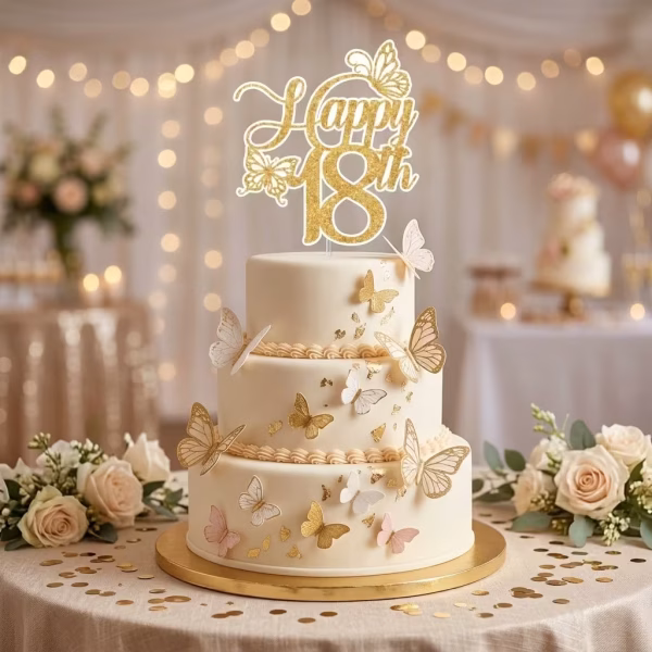 Tort etajat alb decorat cu fluturi aurii si albi, avand in varf un topper din carton cu sclipici auriu ce afiseaza mesajul Happy 18th, completat cu detalii delicate in forma de fluturi