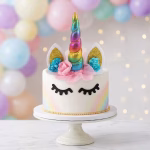 Tort decorat cu un topper unicorn 3D din material textil cu corn multicolor si urechi aurii, alaturi de flori textile si gene negre din carton aplicate pe lateral