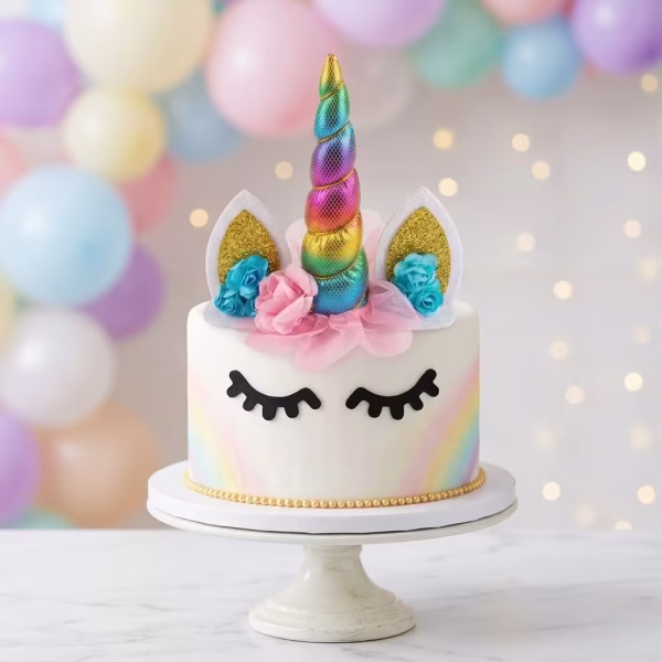 Tort decorat cu un topper unicorn 3D din material textil cu corn multicolor si urechi aurii, alaturi de flori textile si gene negre din carton aplicate pe lateral
